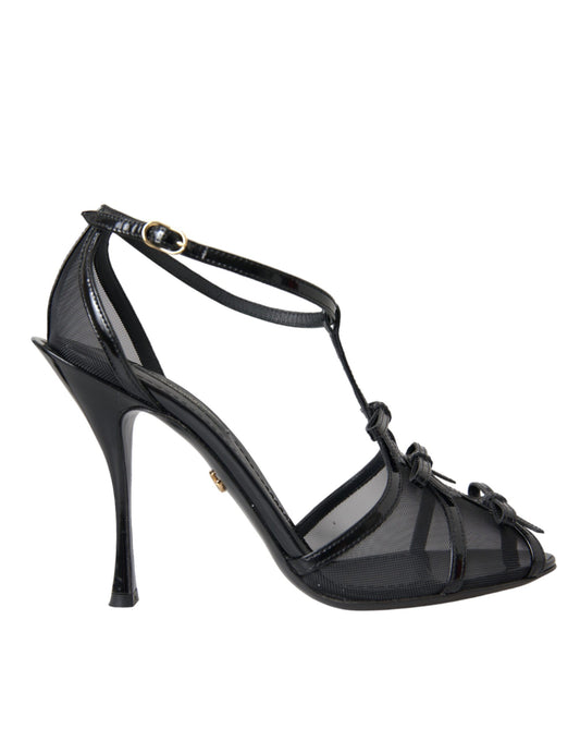 Dolce &amp; Gabbana Black Mesh T-strap Heels Sandals Shoes