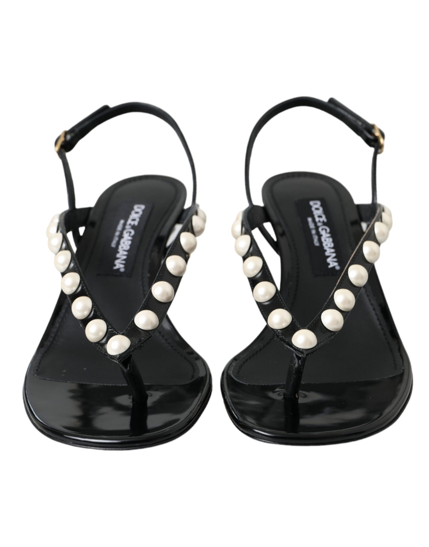 Dolce & Gabbana Schwarz Leder Faux Perle Ferse Sandalen Schuhe