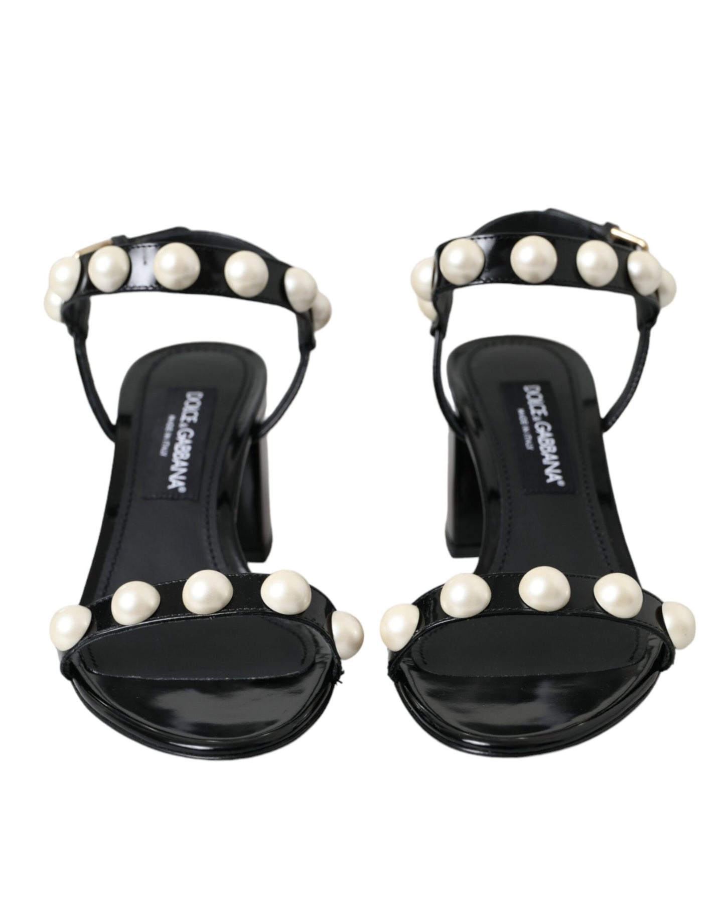 Dolce &amp; Gabbana Black Leather Faux Pearl Heel Sandals Shoes