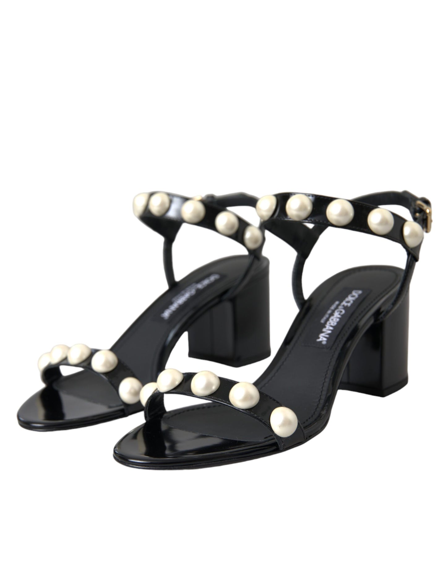 Dolce &amp; Gabbana Black Leather Faux Pearl Heel Sandals Shoes