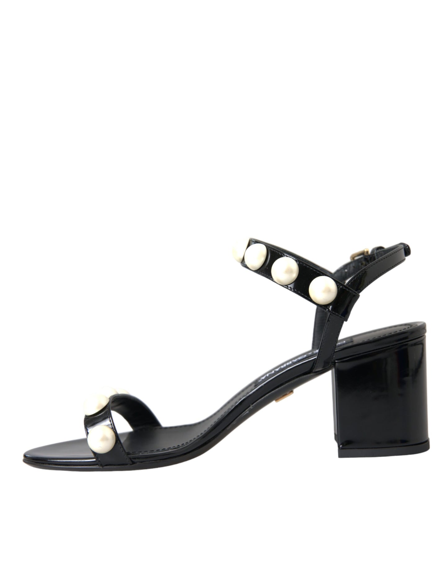 Dolce &amp; Gabbana Black Leather Faux Pearl Heel Sandals Shoes