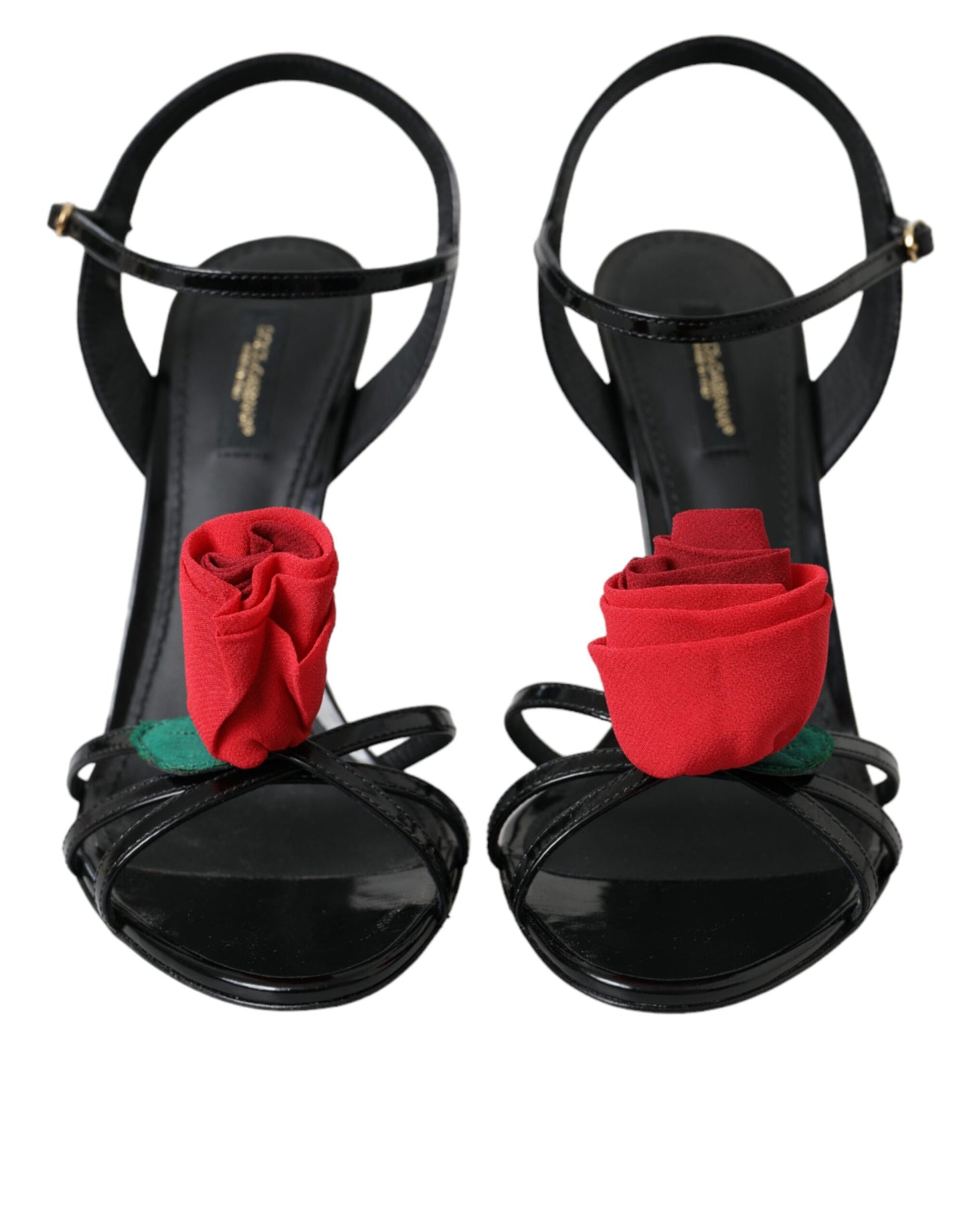 Dolce &amp; Gabbana Black Leather Rose Ankle Strap Heels Sandals Shoes