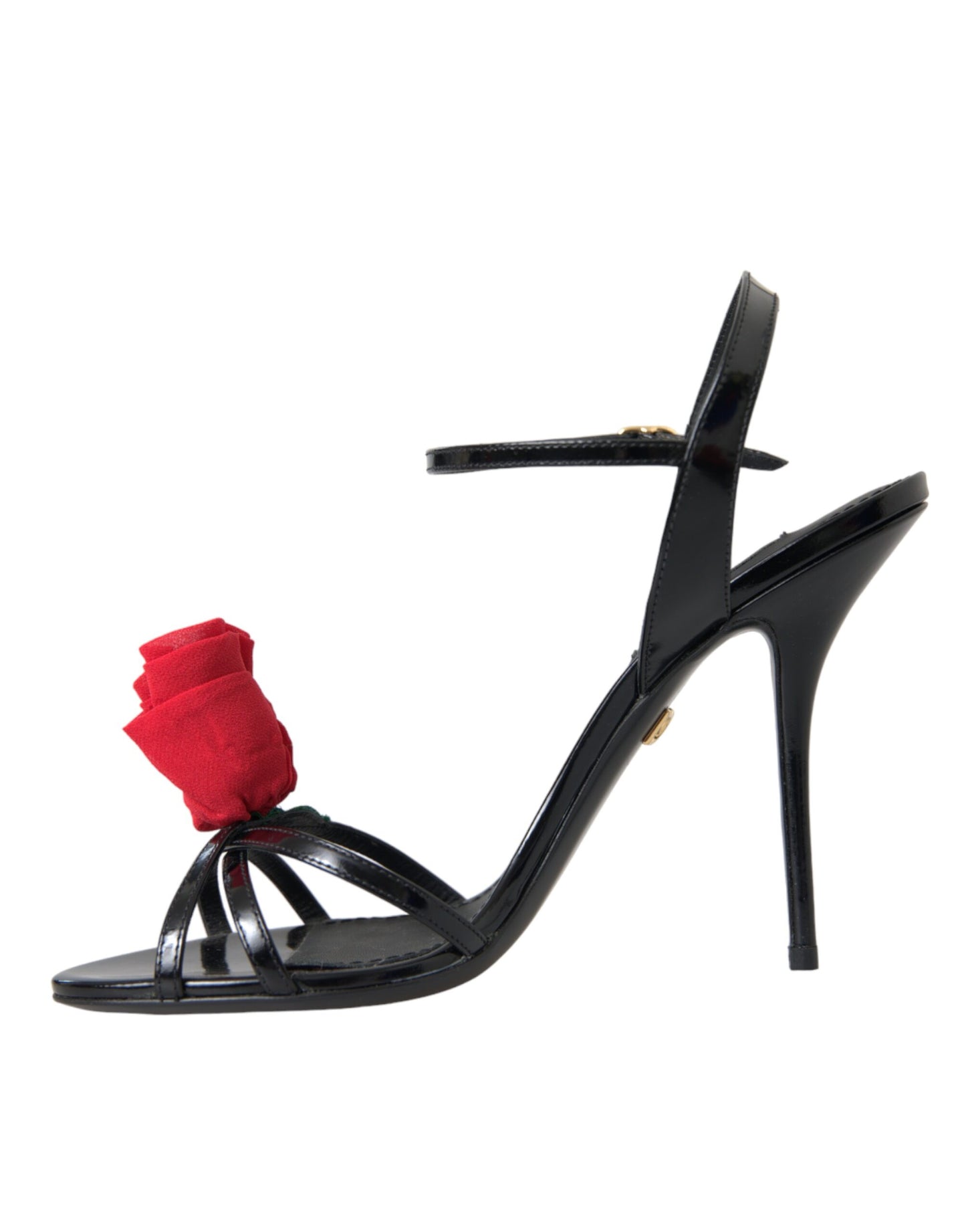 Dolce &amp; Gabbana Black Leather Rose Ankle Strap Heels Sandals Shoes