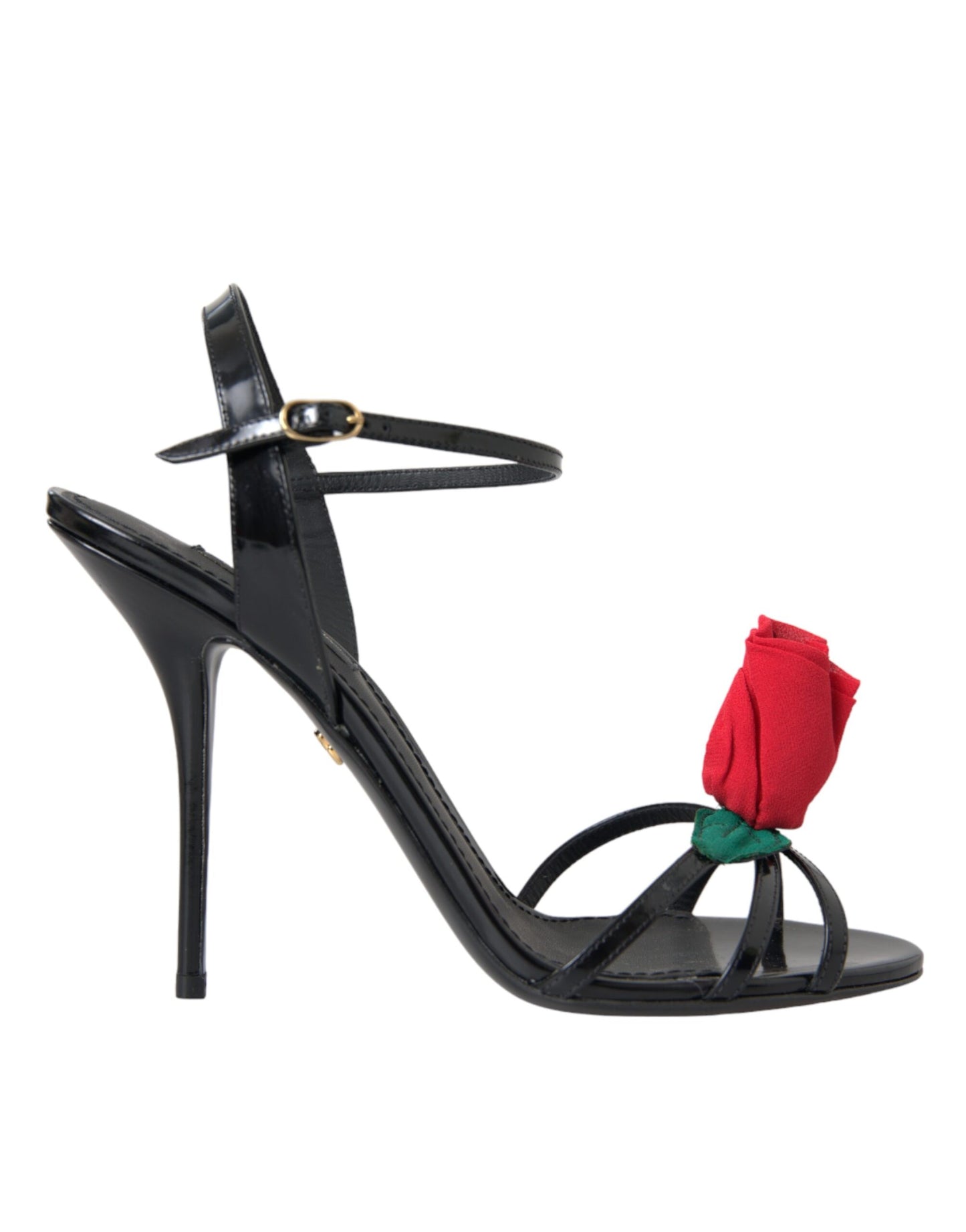 Dolce &amp; Gabbana Black Leather Rose Ankle Strap Heels Sandals Shoes