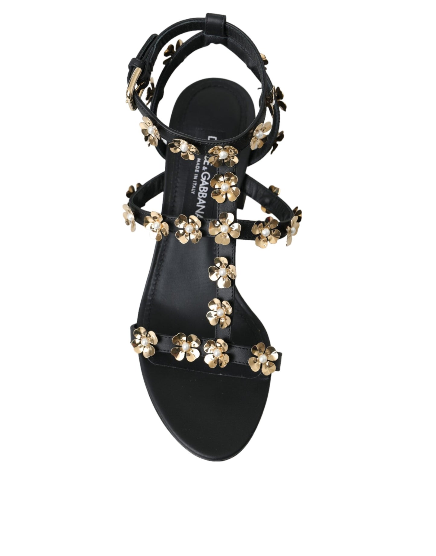 Dolce &amp; Gabbana Black Leather Embellished Heel Sandal Shoes