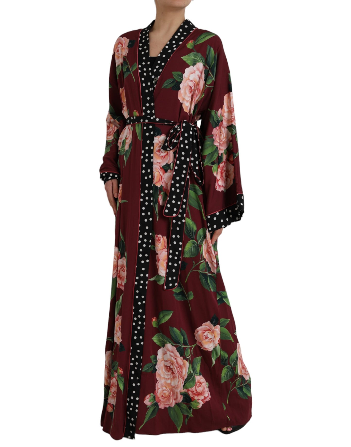 Dolce & Gabbana Bordeauxfarbenes Maxi-Kaftan-Krepp-Robenkleid mit Blumenmuster