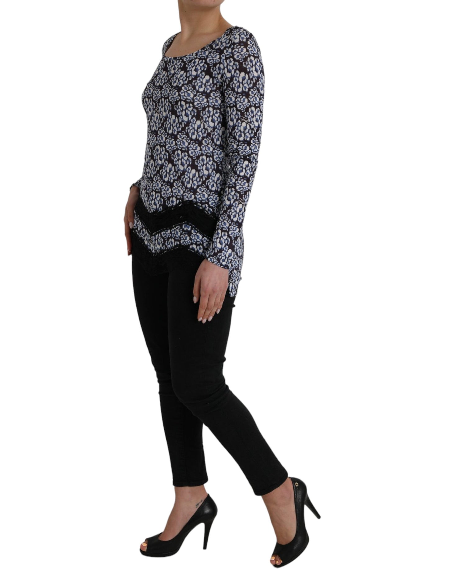 Just Cavalli Blue Floral Lace Long Sleeve Top Underwear Blouse