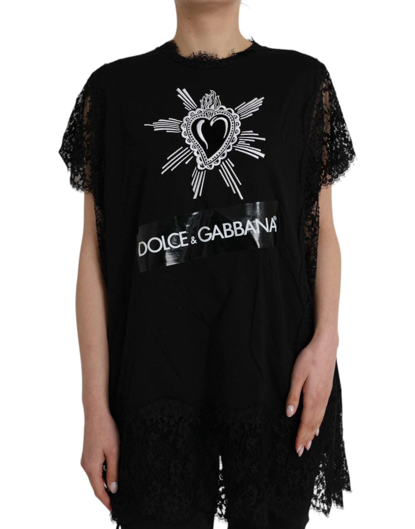 Dolce &amp; Gabbana Black Cotton Lace T-Shirt with Sacred Heart Print