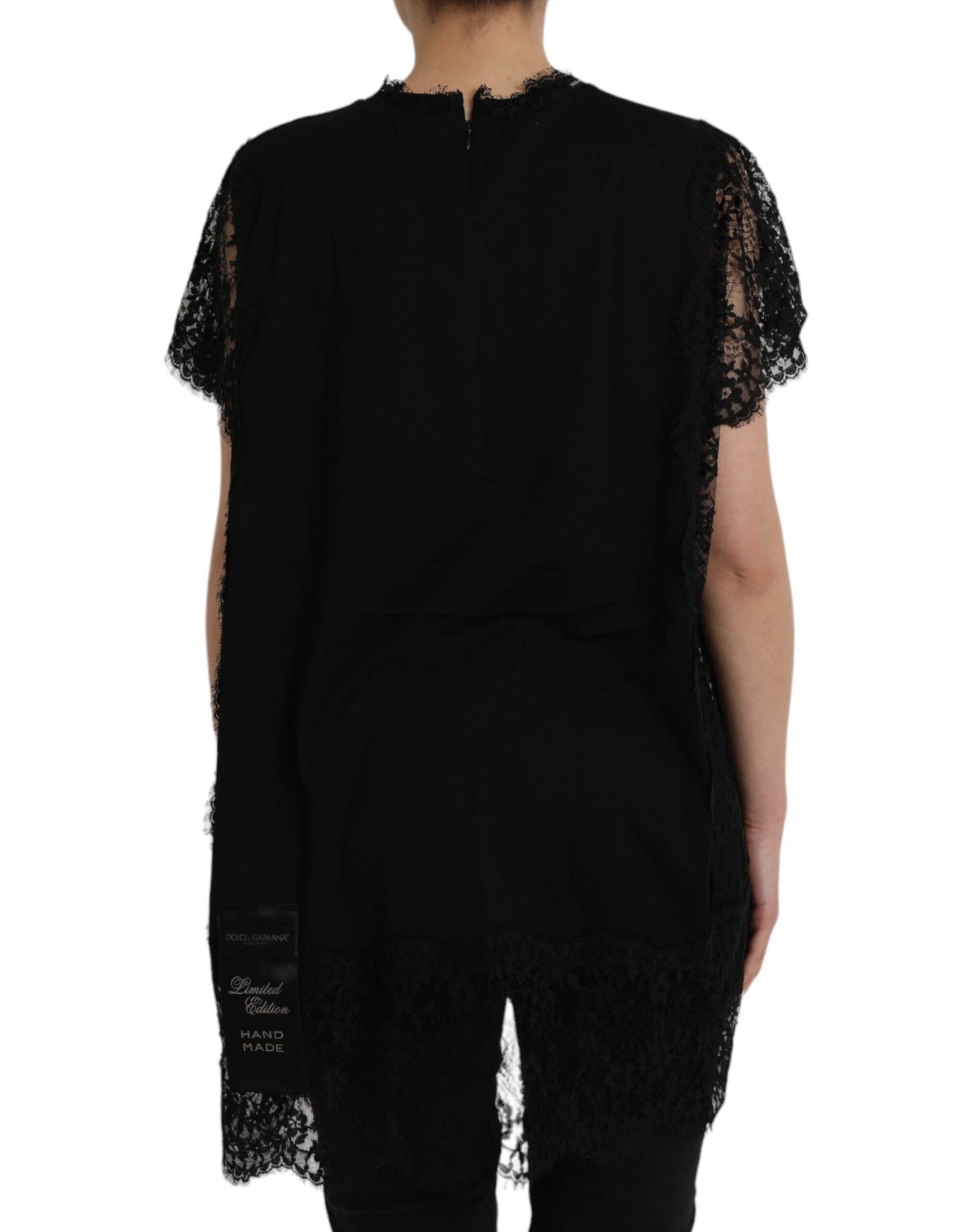 Dolce &amp; Gabbana Black Cotton Lace T-Shirt with Sacred Heart Print