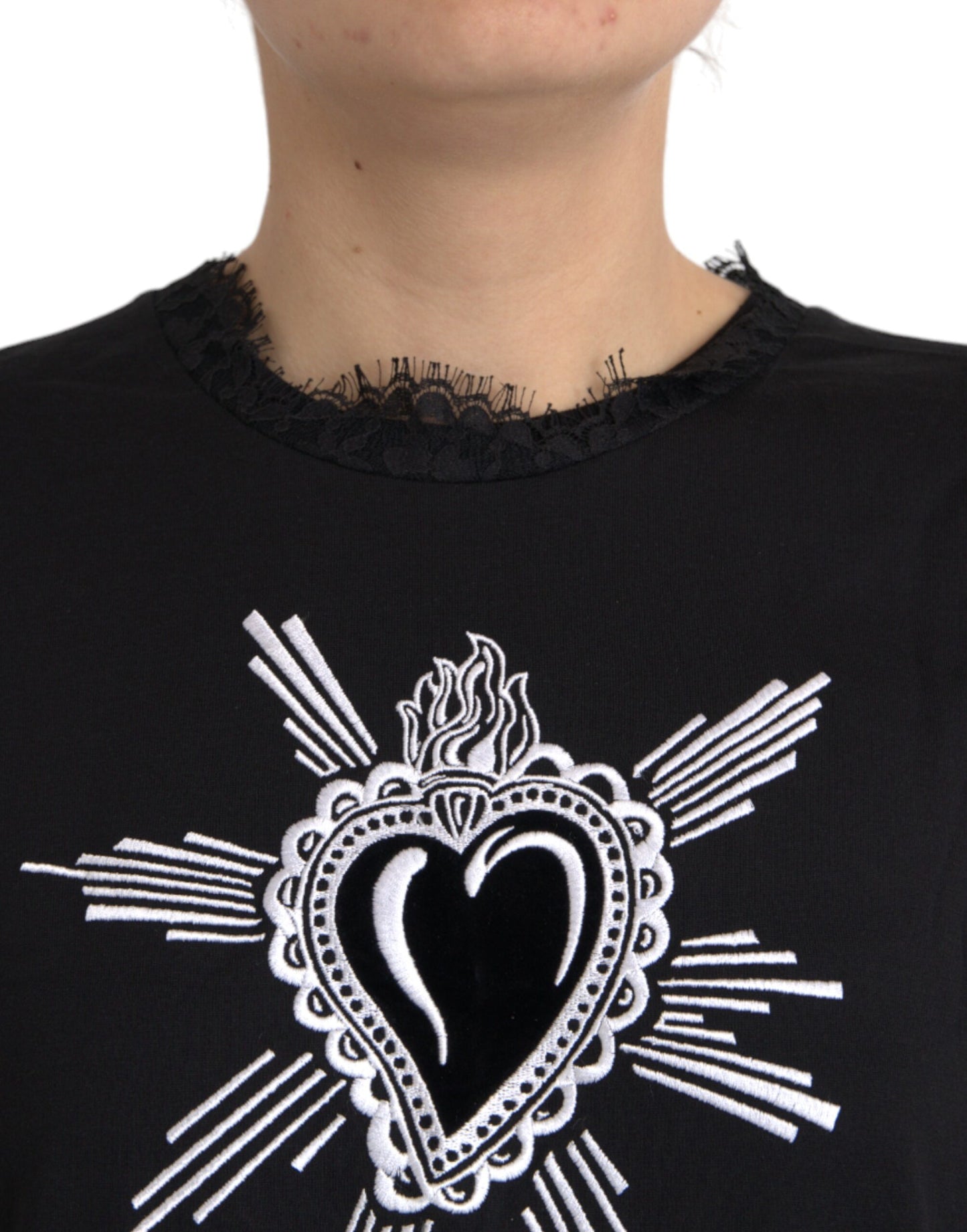 Dolce &amp; Gabbana Black Cotton Lace T-Shirt with Sacred Heart Print