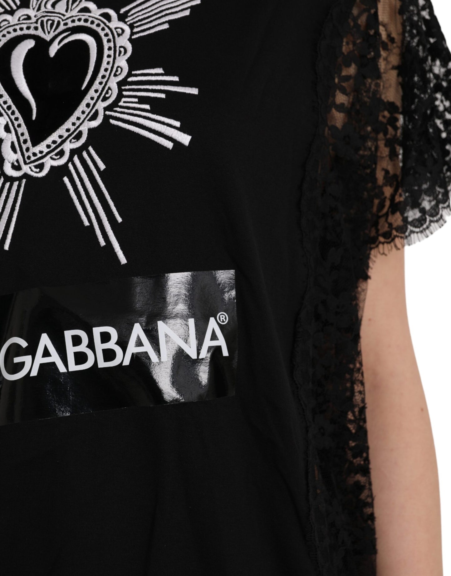 Dolce &amp; Gabbana Black Cotton Lace T-Shirt with Sacred Heart Print