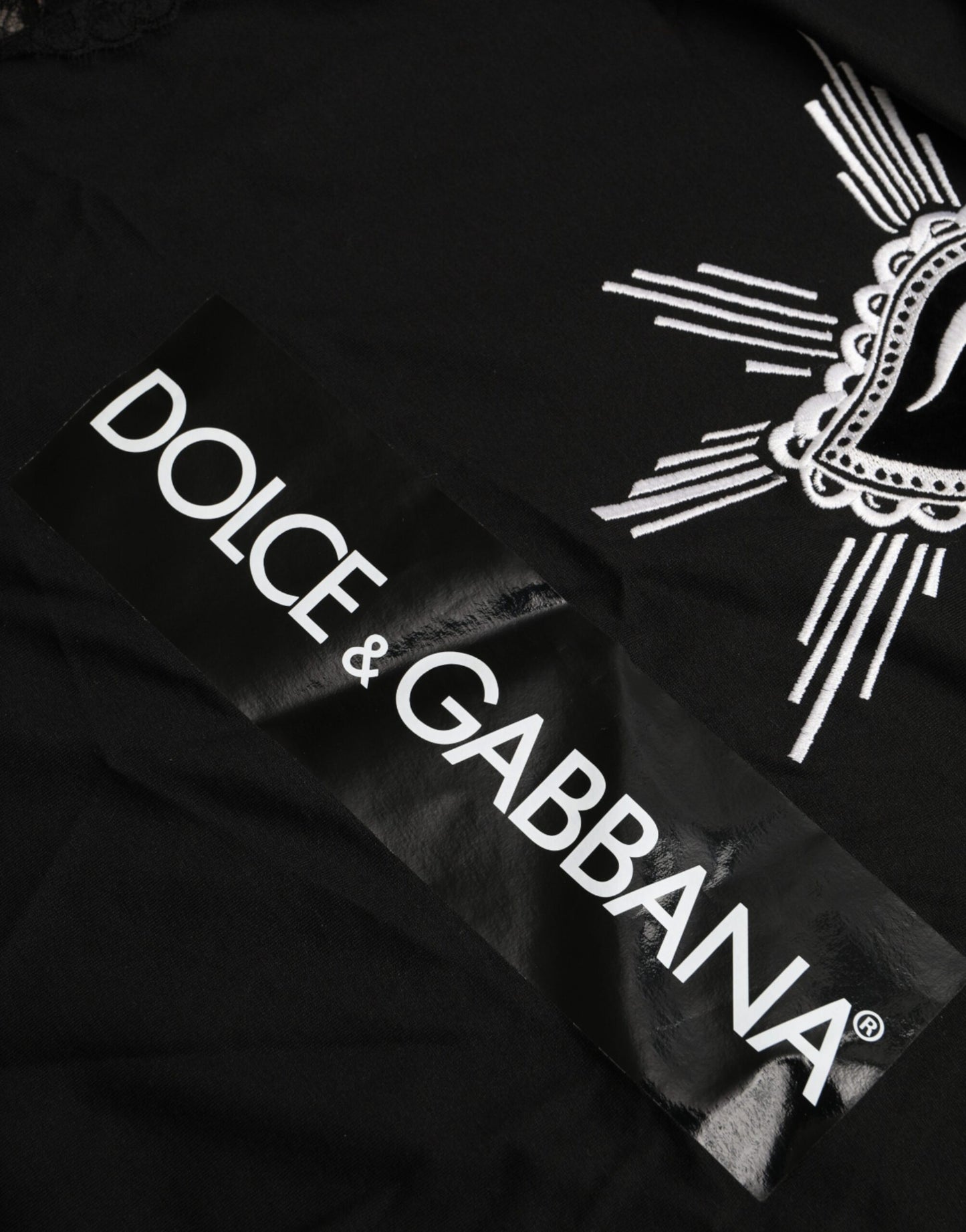 Dolce &amp; Gabbana Black Cotton Lace T-Shirt with Sacred Heart Print