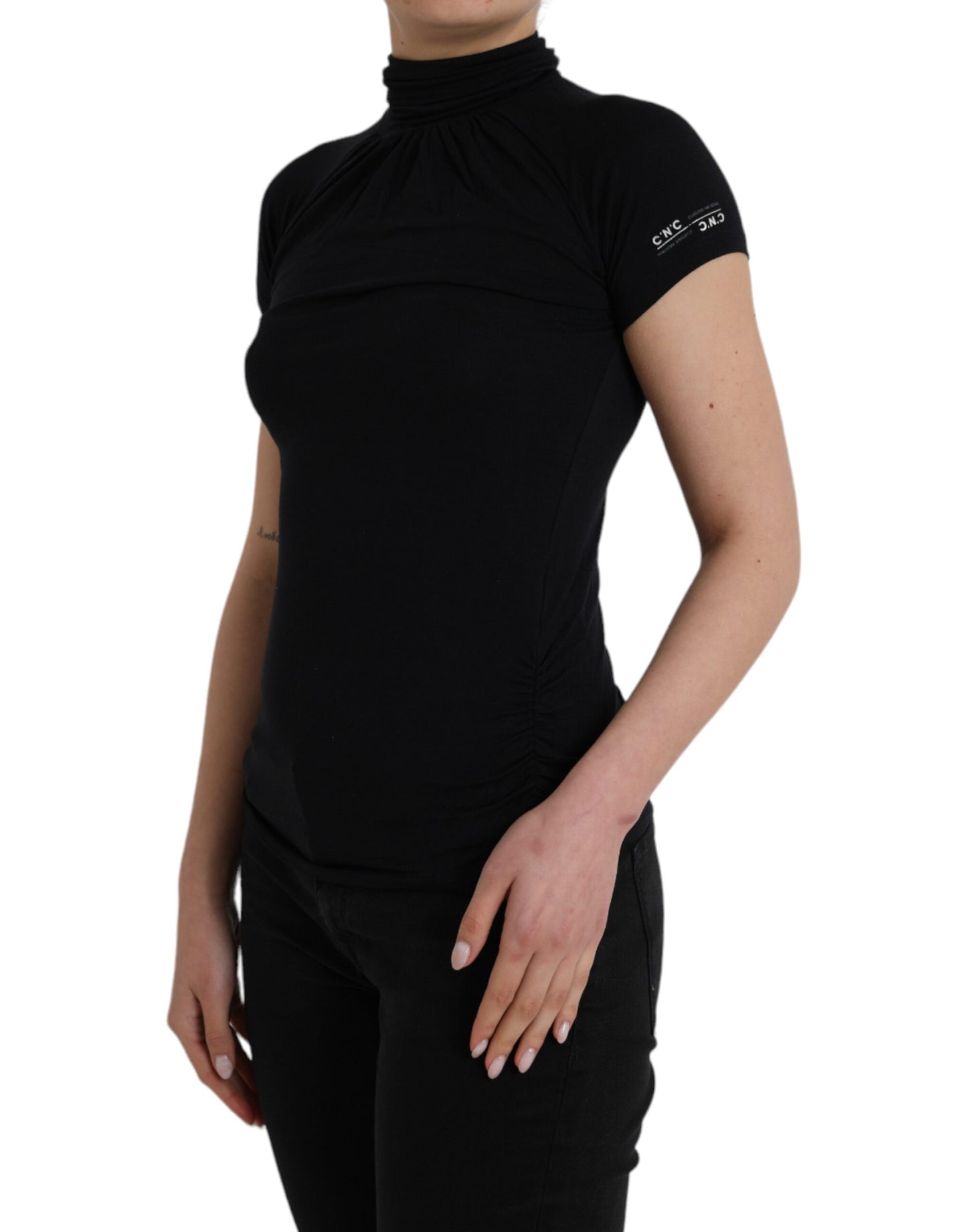 Costume National Black short-sleeved top with turtleneck made of viscose