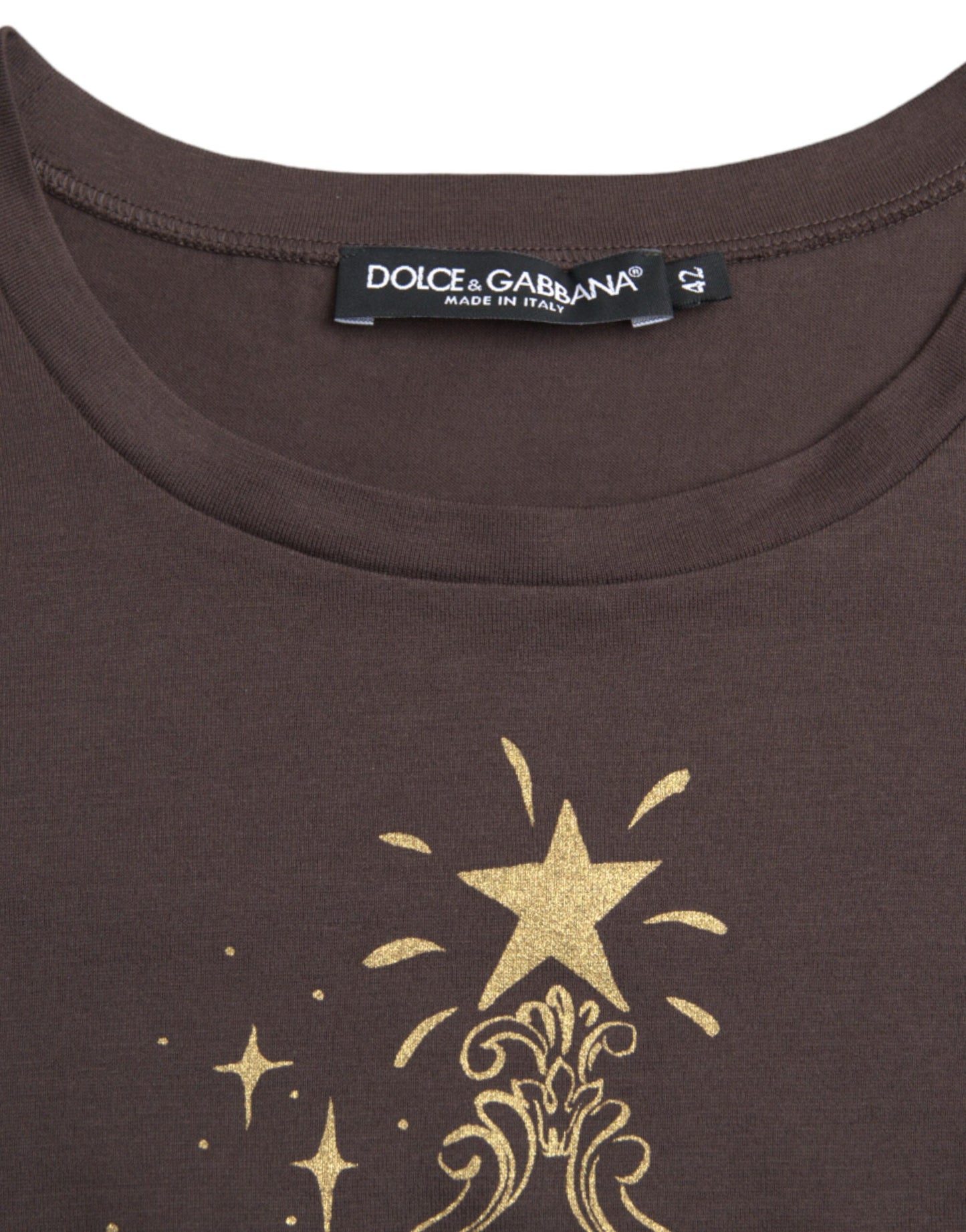 Dolce &amp; Gabbana Brown Crew Neck T-Shirt with Motif Print 2017