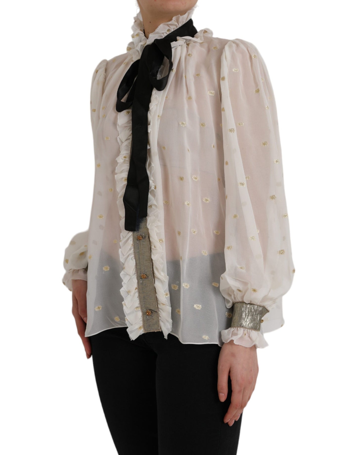 Dolce &amp; Gabbana Off White Silk Blend Ascot Collar Blouse Top