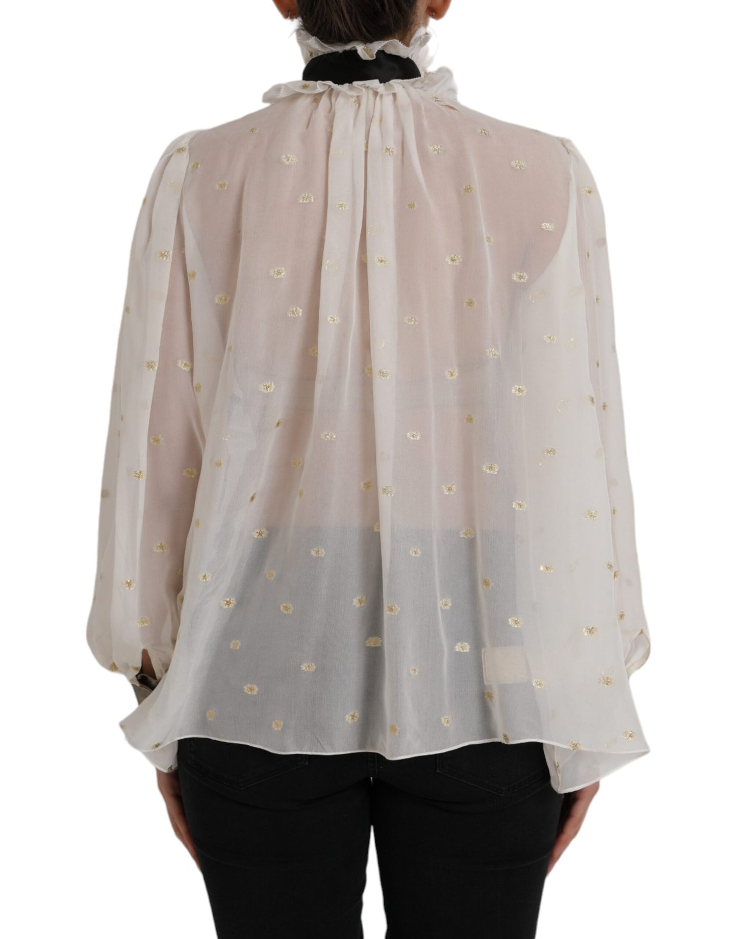 Dolce &amp; Gabbana Off White Silk Blend Ascot Collar Blouse Top