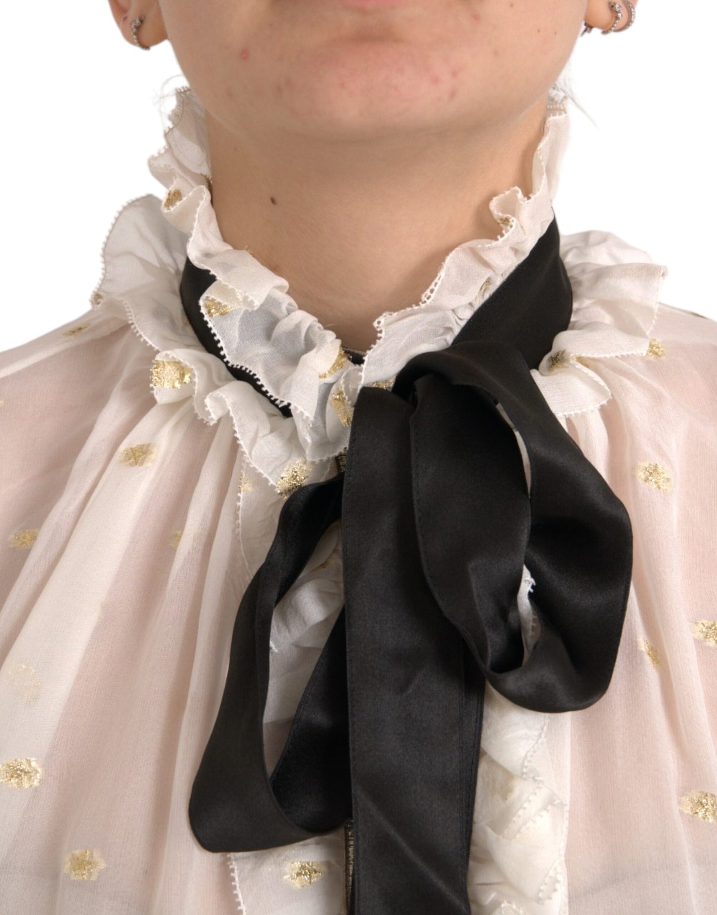 Dolce &amp; Gabbana Off White Silk Blend Ascot Collar Blouse Top