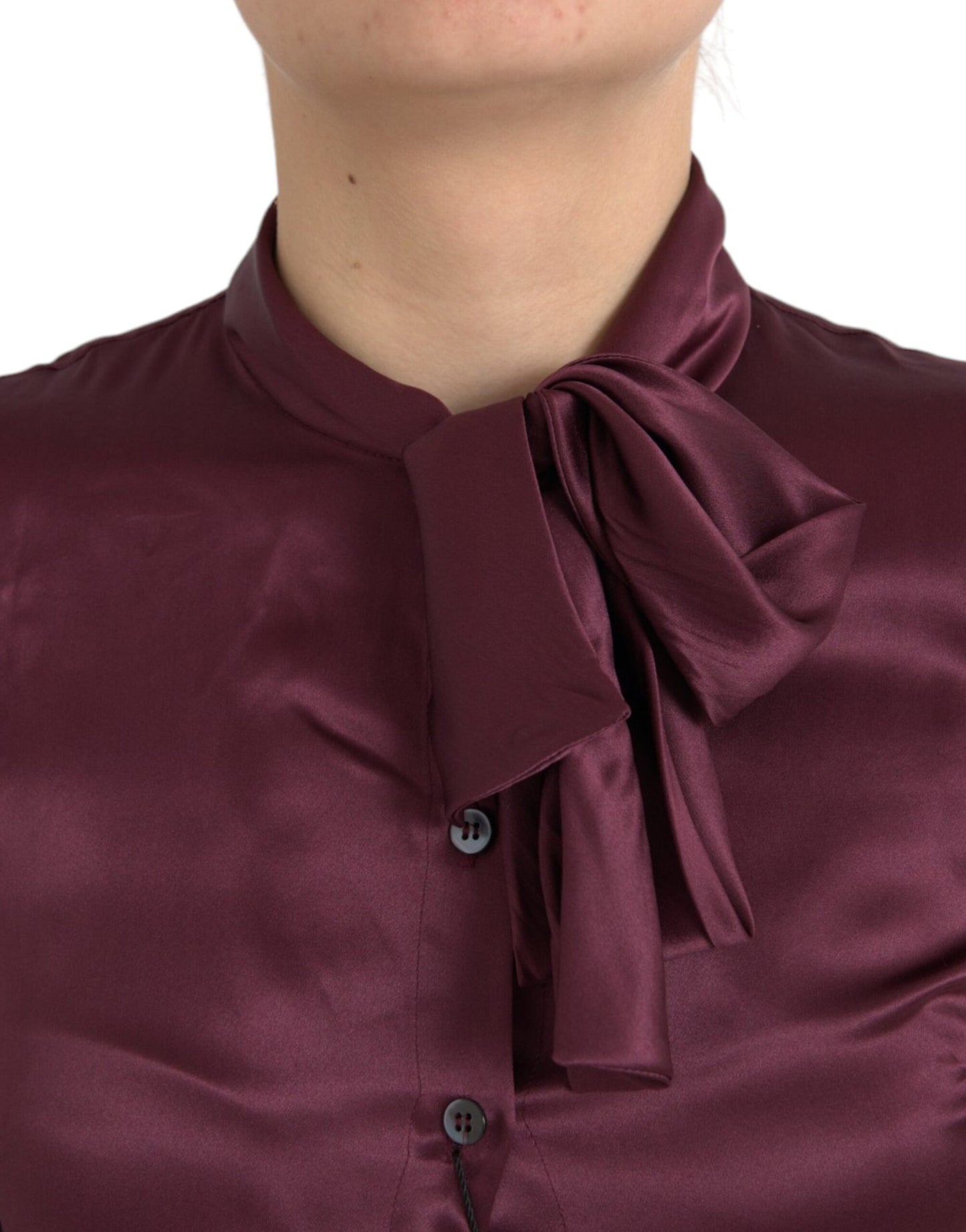 Dolce &amp; Gabbana Maroon Ascot Collar Long Sleeve Top Blouse