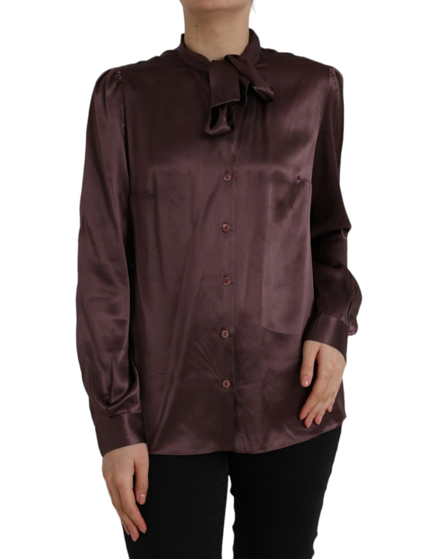 Dolce &amp; Gabbana Brown Ascot Collar Long Sleeve Top Blouse