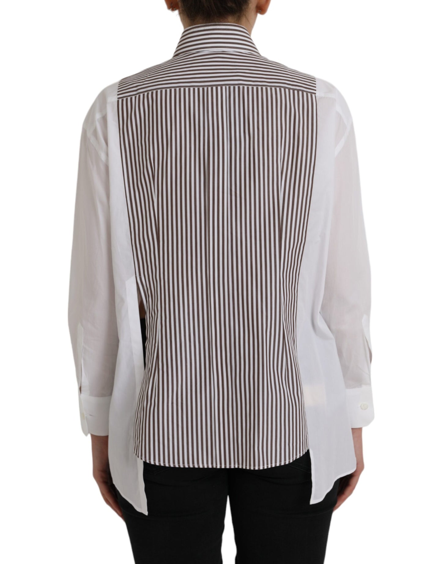 Dolce &amp; Gabbana White striped cotton long sleeve top with ruffled collar