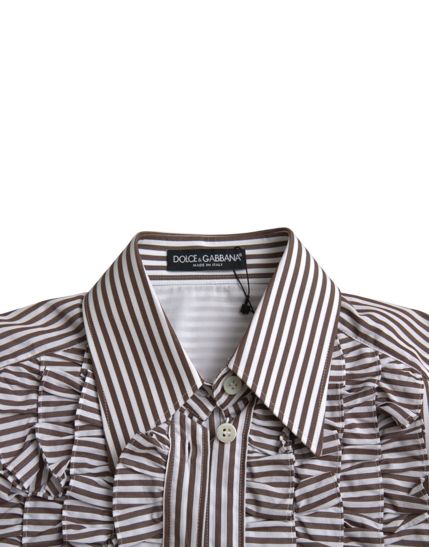 Dolce &amp; Gabbana White striped cotton long sleeve top with ruffled collar