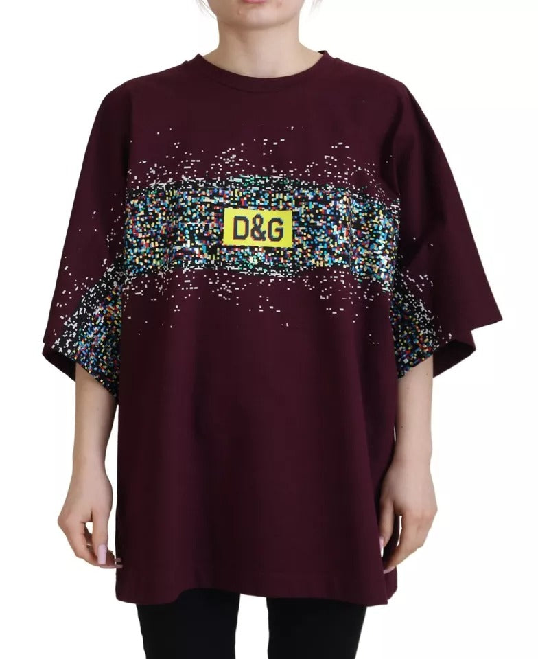 Dolce &amp; Gabbana Bordeaux D&amp;G Print Round Neck Cotton T-Shirt