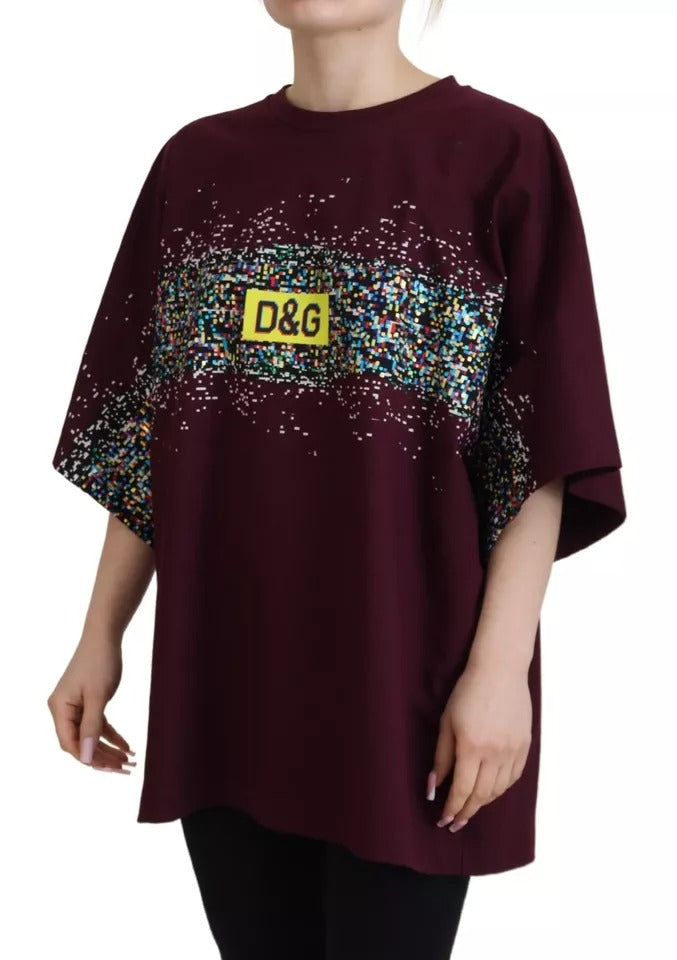 Dolce &amp; Gabbana Bordeaux D&amp;G Print Round Neck Cotton T-Shirt