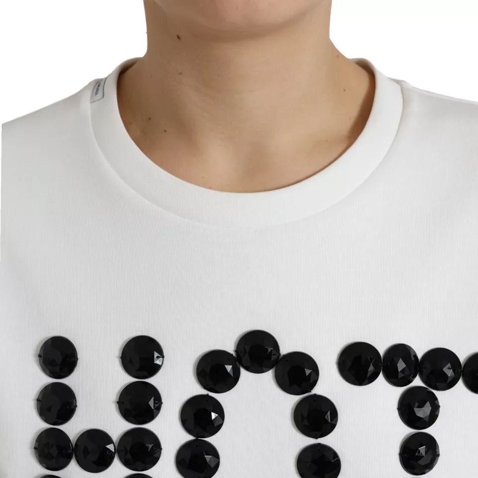 Dolce &amp; Gabbana White Cotton Black HOT Crystal Top T-Shirt