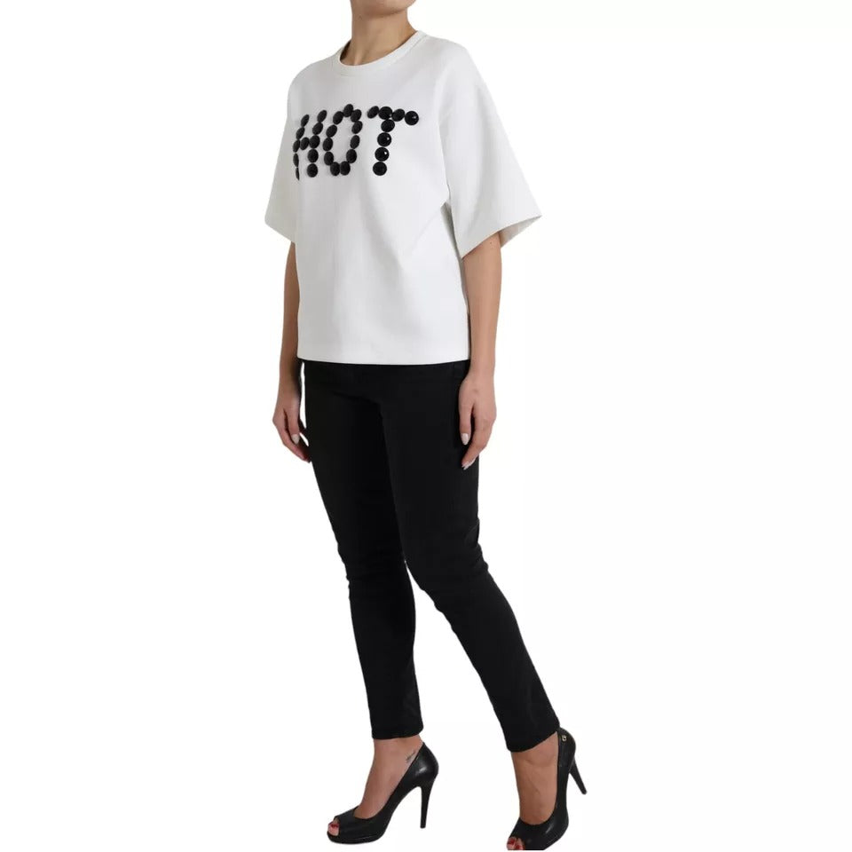 Dolce &amp; Gabbana White Cotton Black HOT Crystal Top T-Shirt