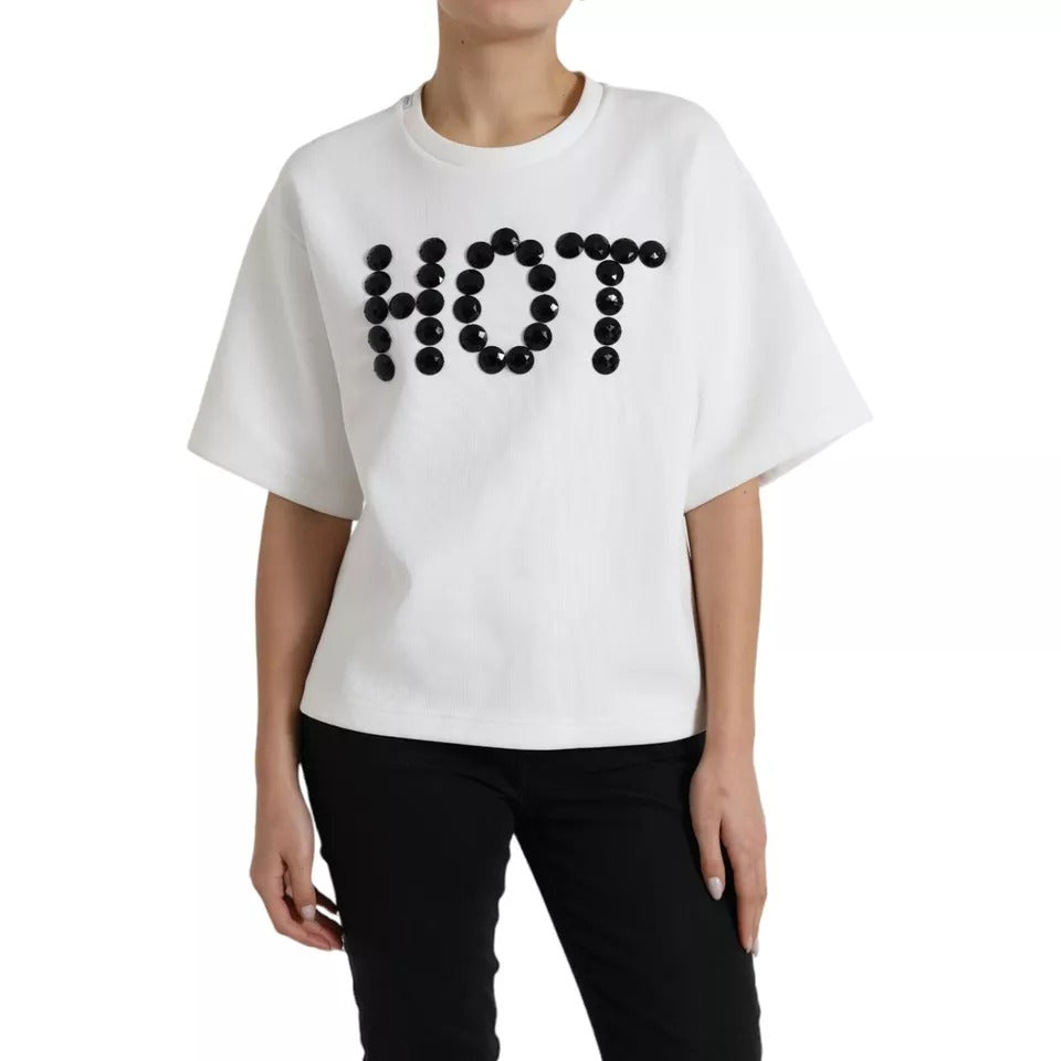 Dolce &amp; Gabbana White Cotton Black HOT Crystal Top T-Shirt