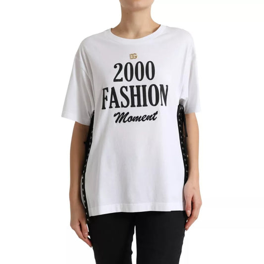 Dolce &amp; Gabbana White T-Shirt with Slogan Print and Lace-Up