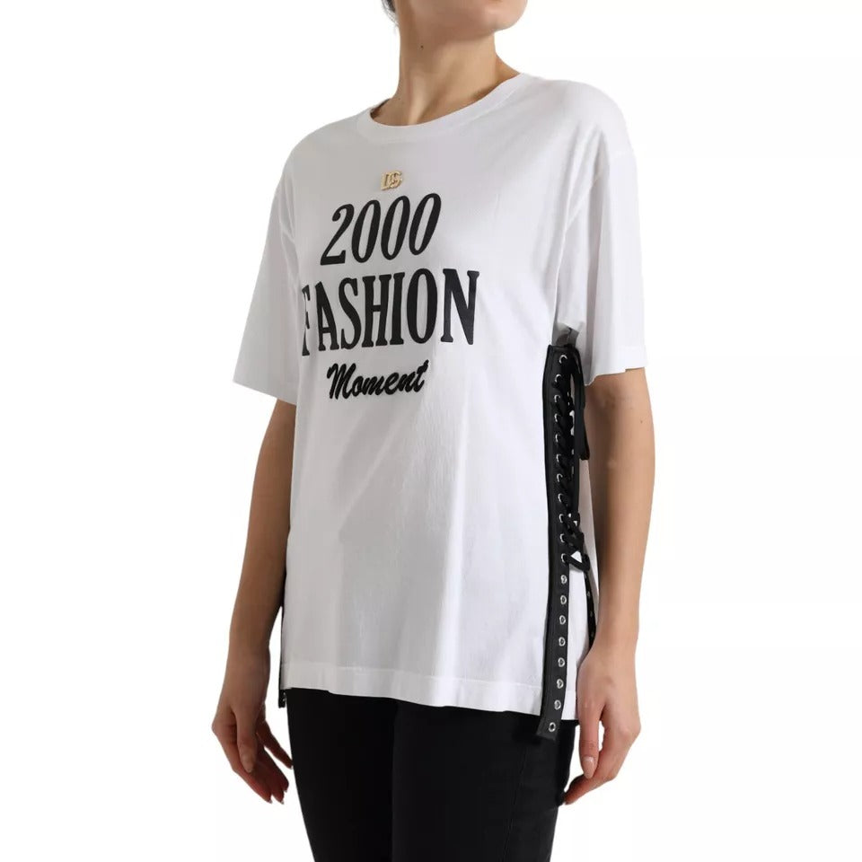 Dolce &amp; Gabbana White T-Shirt with Slogan Print and Lace-Up