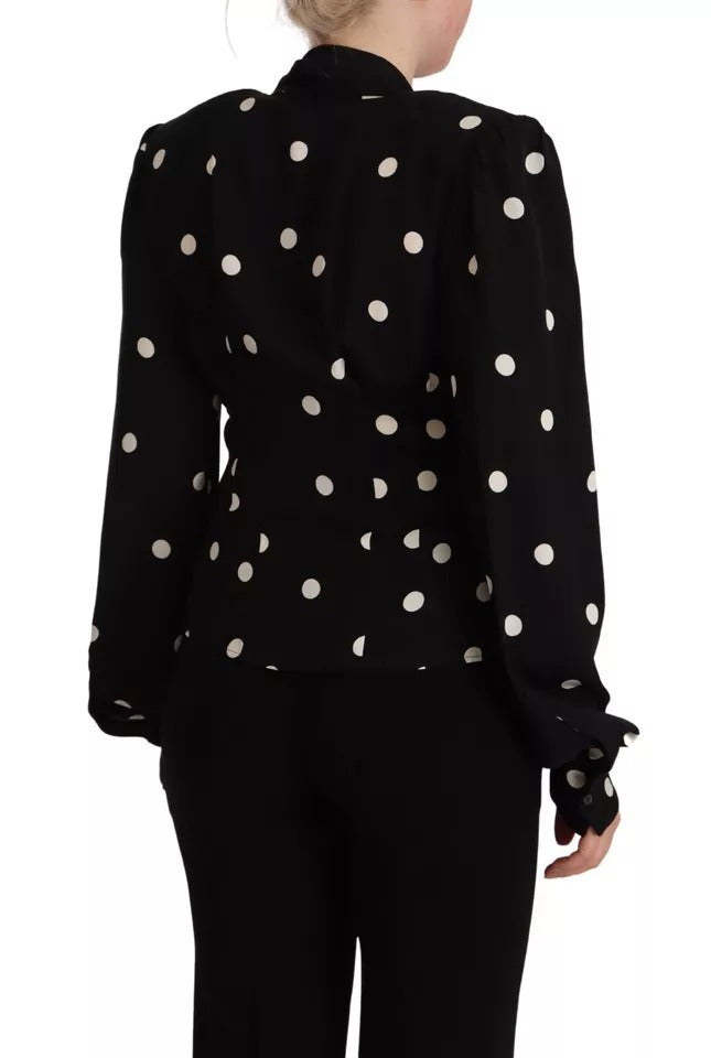 Dolce &amp; Gabbana Black Polka Dot Silk Pussy Bow Long Sleeve Top