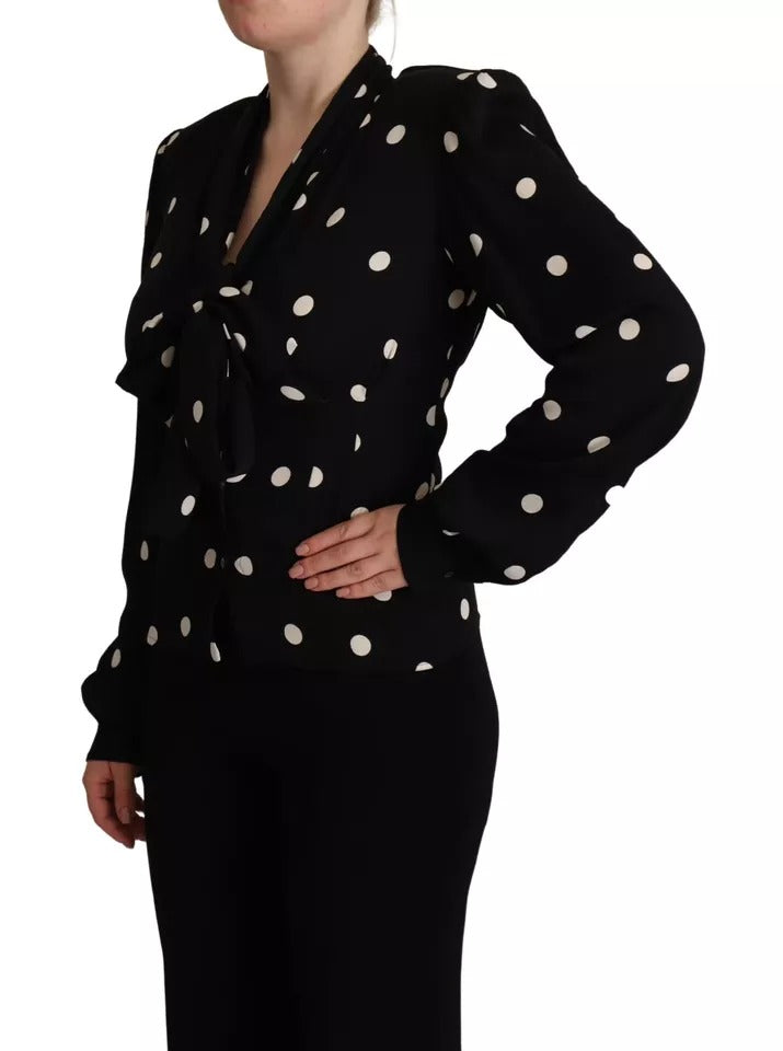 Dolce &amp; Gabbana Black Polka Dot Silk Pussy Bow Long Sleeve Top