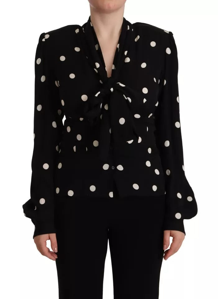 Dolce &amp; Gabbana Black Polka Dot Silk Pussy Bow Long Sleeve Top