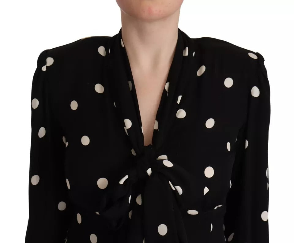 Dolce &amp; Gabbana Black Polka Dot Silk Pussy Bow Long Sleeve Top