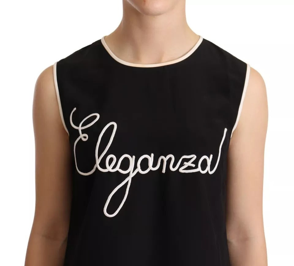 Dolce & Gabbana Schwarzes ärmelloses Tank-Top mit Seiden-Eleganza-Druck