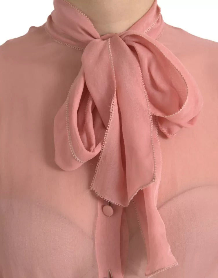 Dolce &amp; Gabbana Pink Long Sleeve Top with Ascot Collar Blouse