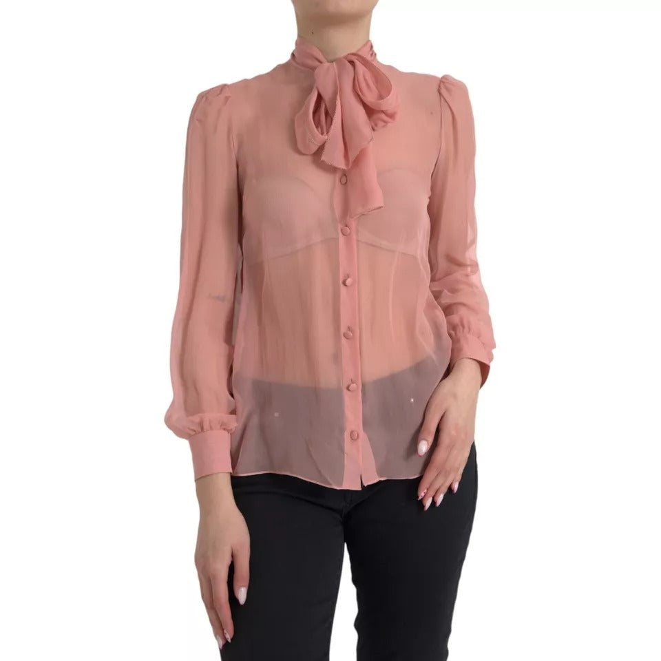 Dolce &amp; Gabbana Pink Long Sleeve Top with Ascot Collar Blouse