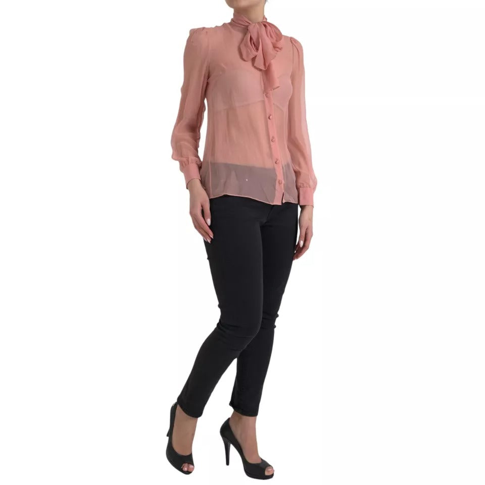 Dolce &amp; Gabbana Pink Long Sleeve Top with Ascot Collar Blouse