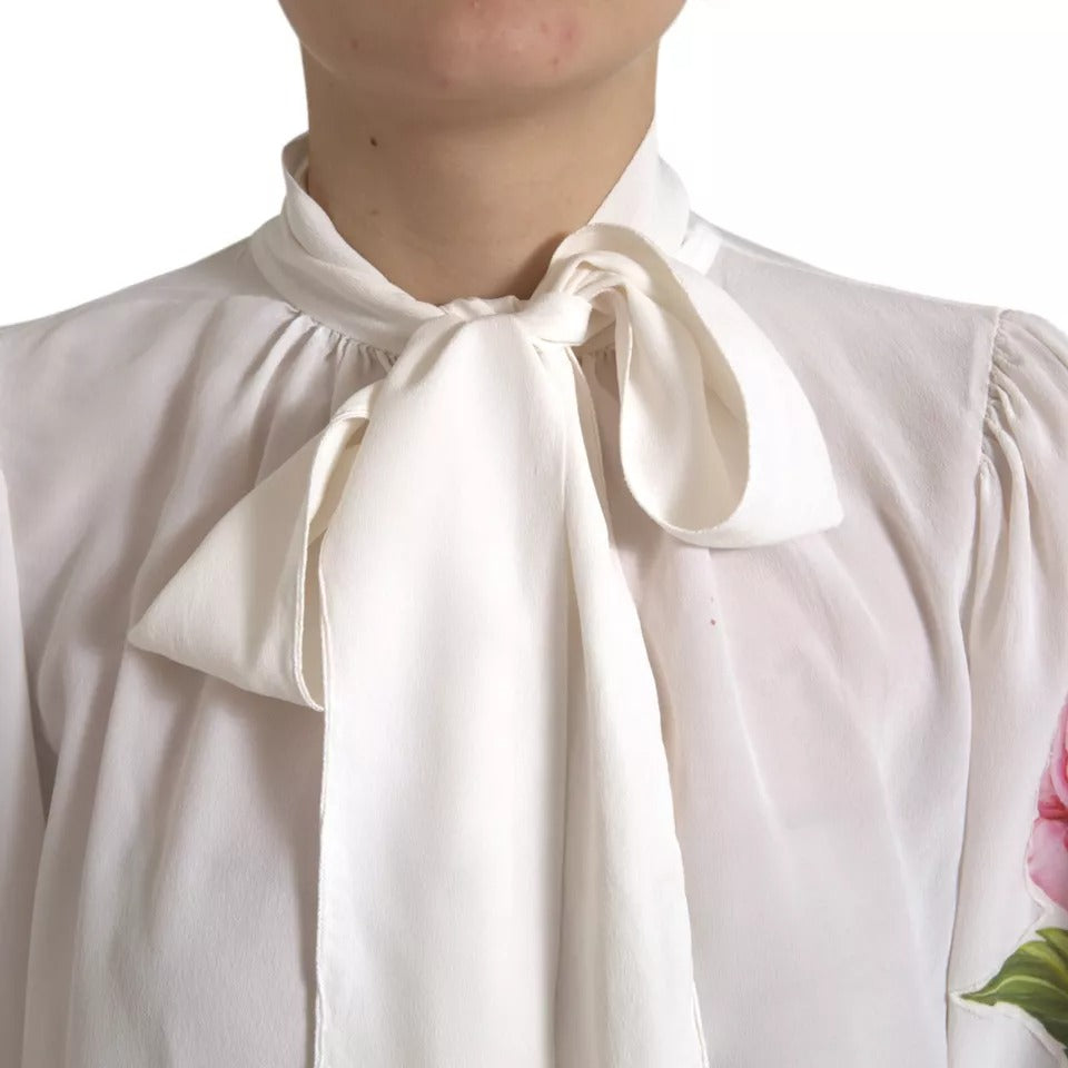 Dolce &amp; Gabbana White Floral Silk Ascot Top with Collar Blouse