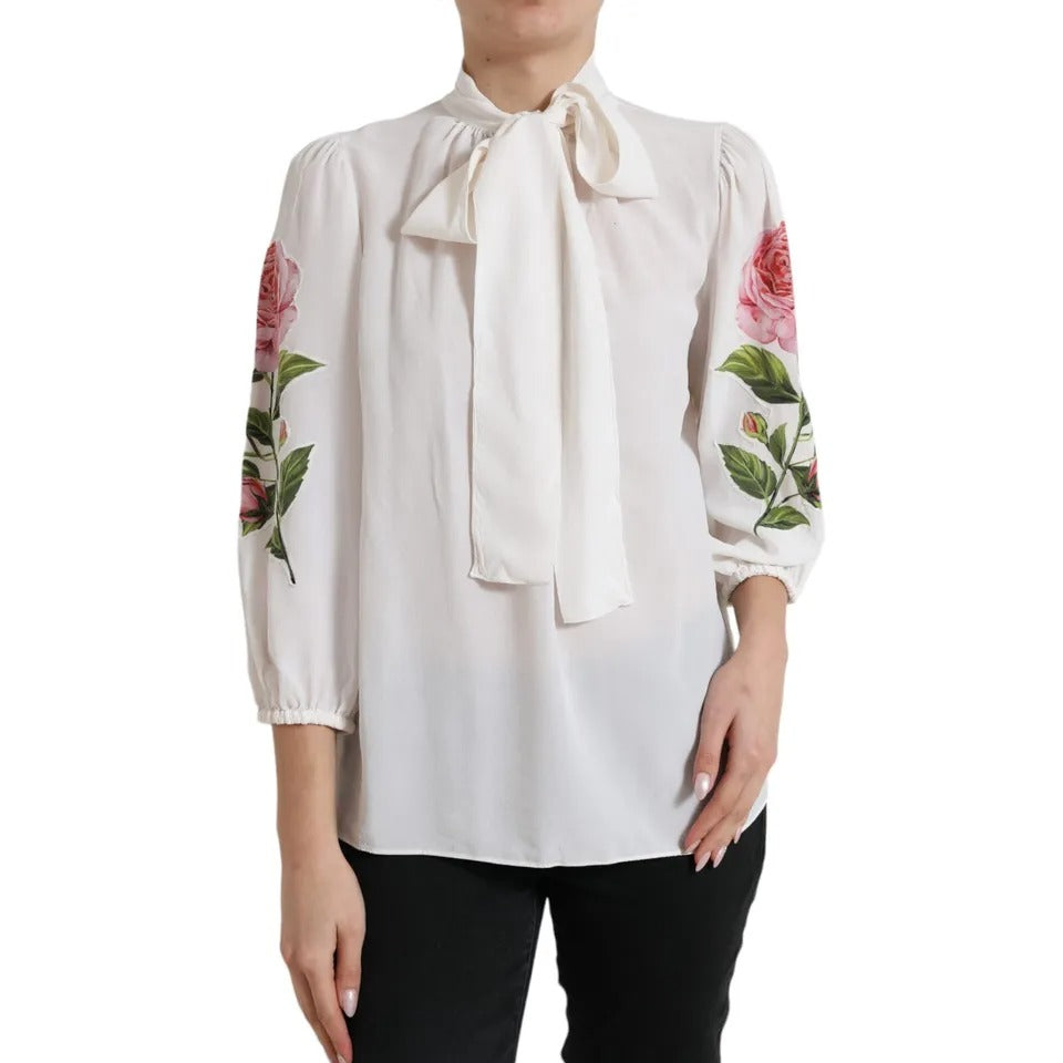 Dolce &amp; Gabbana White Floral Silk Ascot Top with Collar Blouse