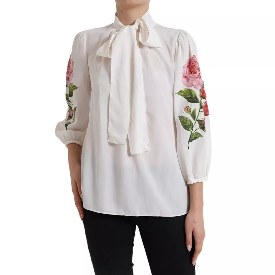 Dolce &amp; Gabbana White Floral Silk Ascot Top with Collar Blouse