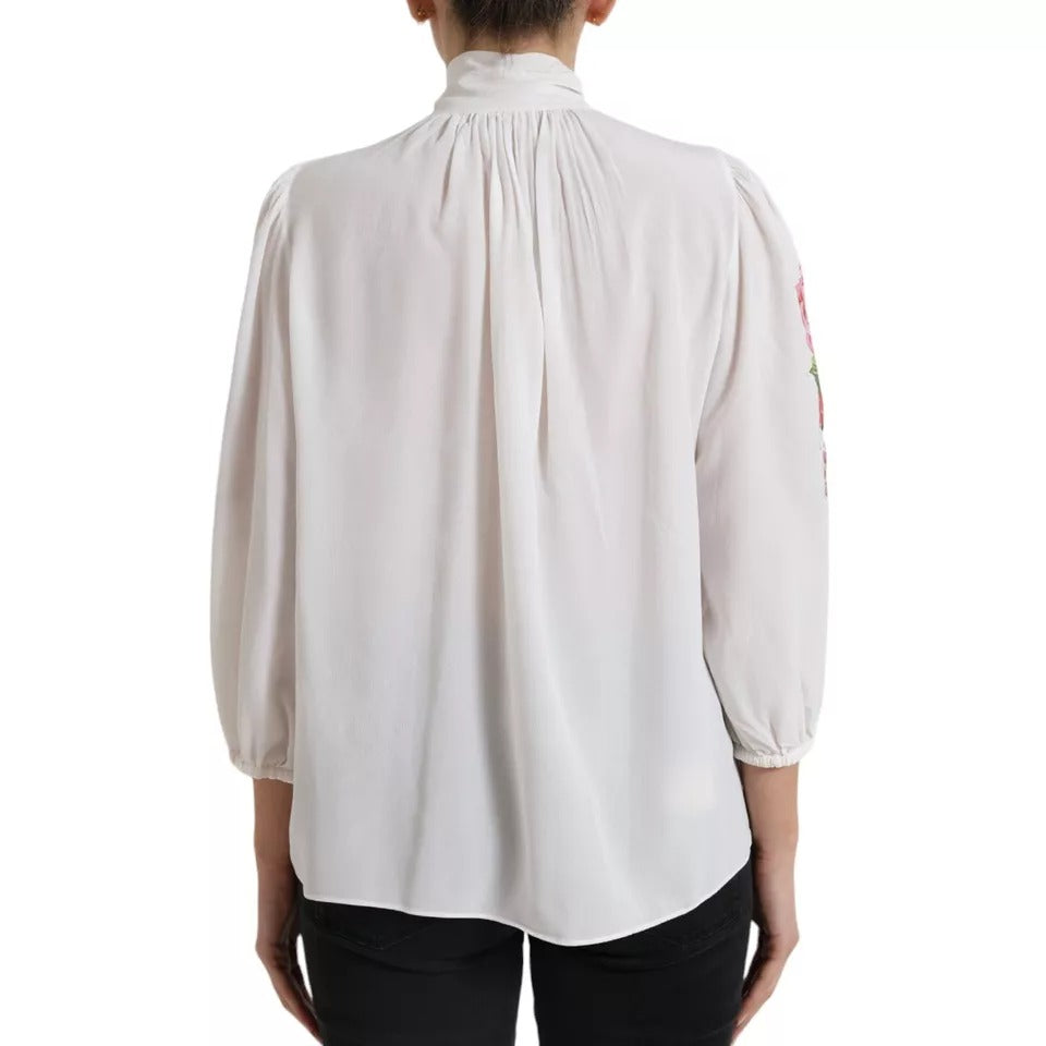 Dolce &amp; Gabbana White Floral Silk Ascot Top with Collar Blouse