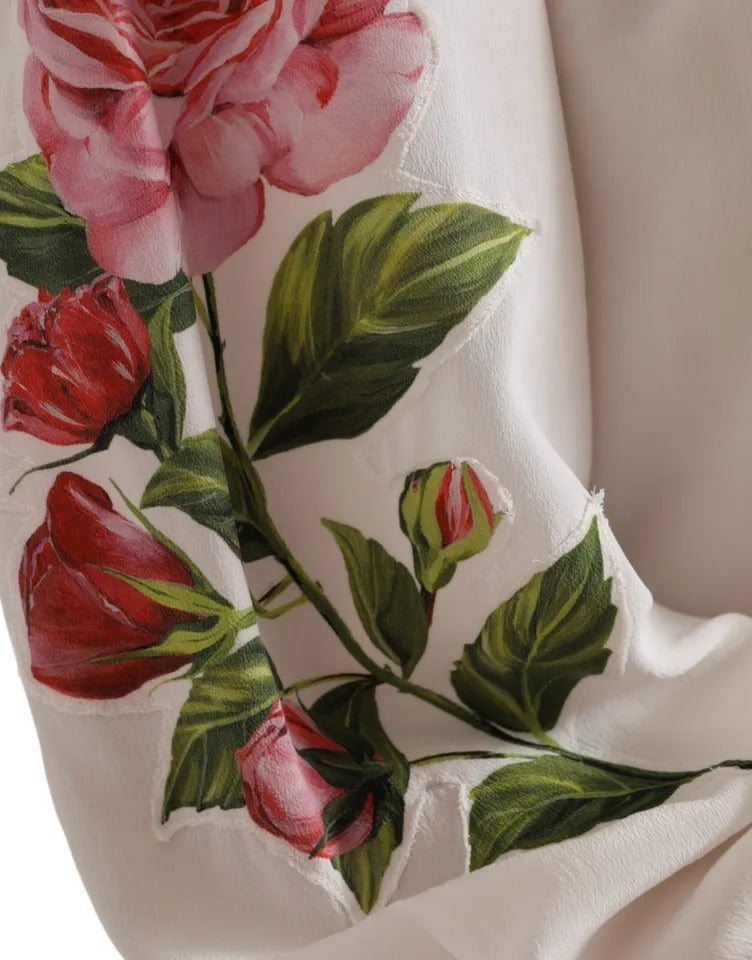 Dolce &amp; Gabbana White Floral Silk Ascot Top with Collar Blouse