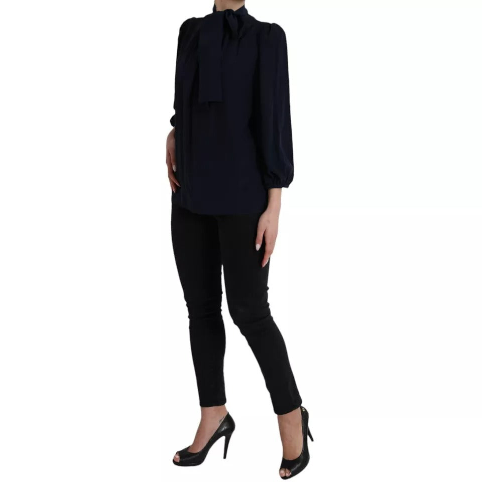 Dolce &amp; Gabbana Blue long-sleeved blouse top with ascot collar