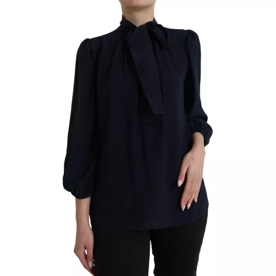 Dolce &amp; Gabbana Blue long-sleeved blouse top with ascot collar