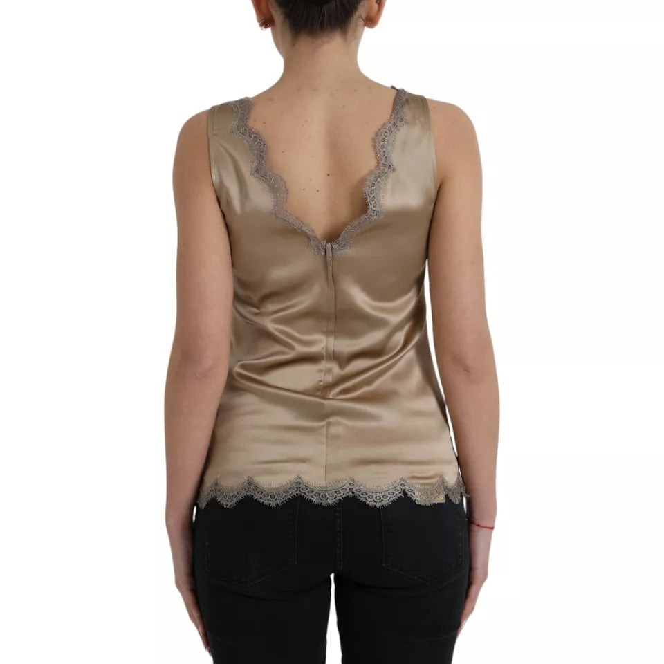 Dolce &amp; Gabbana Brown Lace Trim V-Neck Sleeveless Tank Top