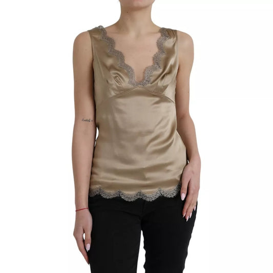 Dolce &amp; Gabbana Brown Lace Trim V-Neck Sleeveless Tank Top