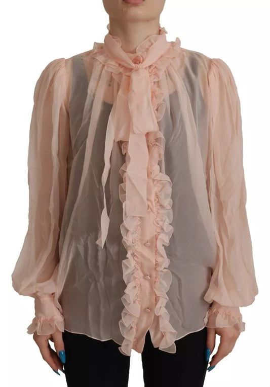 Dolce &amp; Gabbana Light Pink Silk Ascot Collar Long Sleeve Top